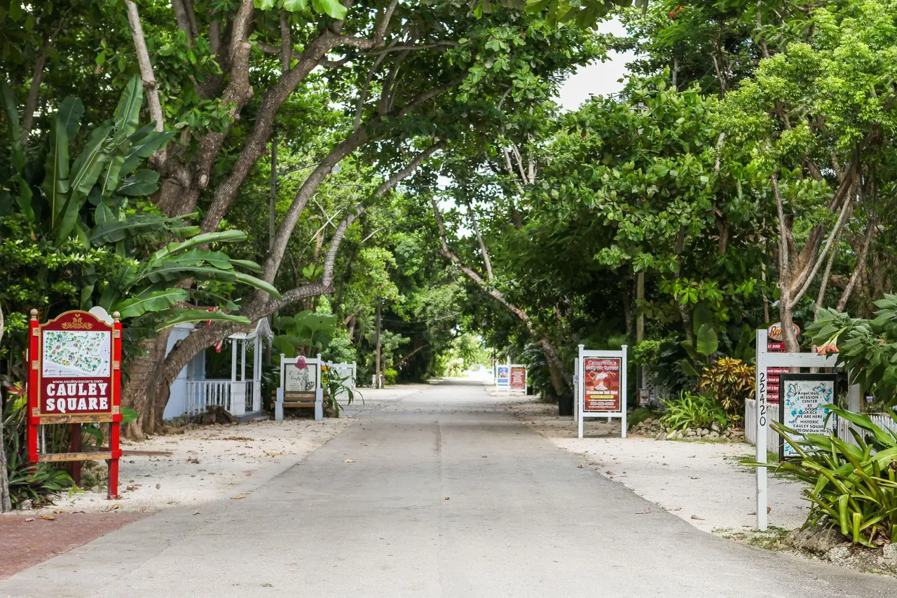 A tree-lined lane through Cauley Square Historic Village in South Miami-Dade, featuring tropical foliage, quaint shops, and the iconic red village sign at the entrance.